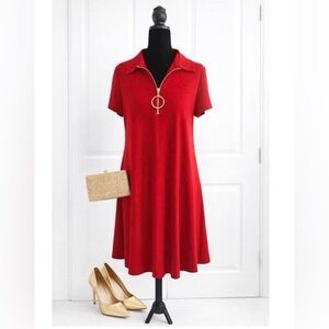 MSK red shift dress featuring chic gold ring zipper detail and collared neckline
